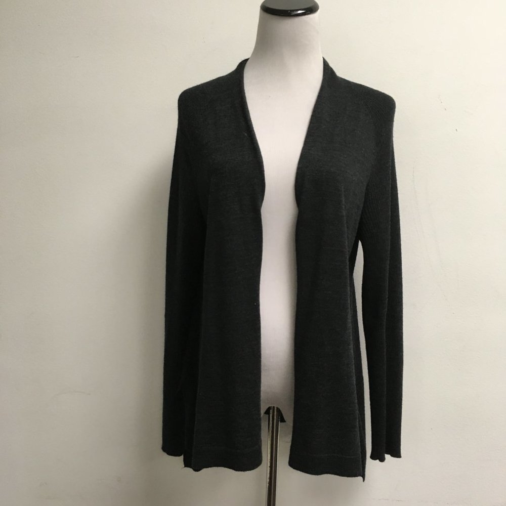 Eileen Fisher charcoal black heather merino wool cardigan open sweater duster PL